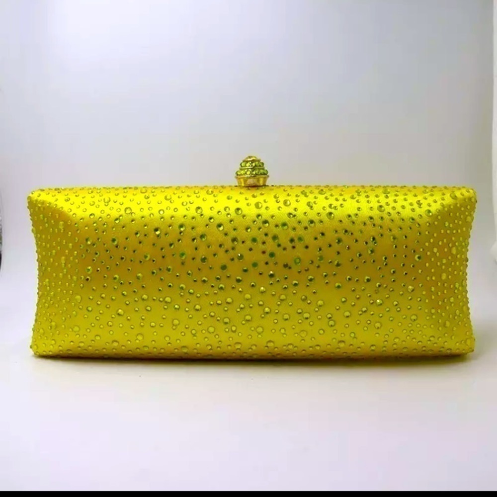 Yellow Rhinestone long clutch. With rhinestone enclosure and long chain